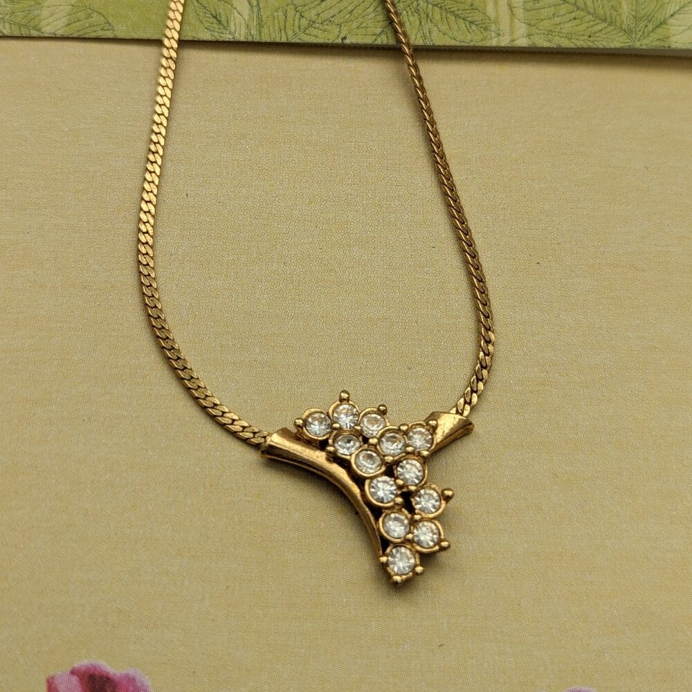 Necklace 18k gold Plated and Cz Crystals Paste Modernist Design 1980s
